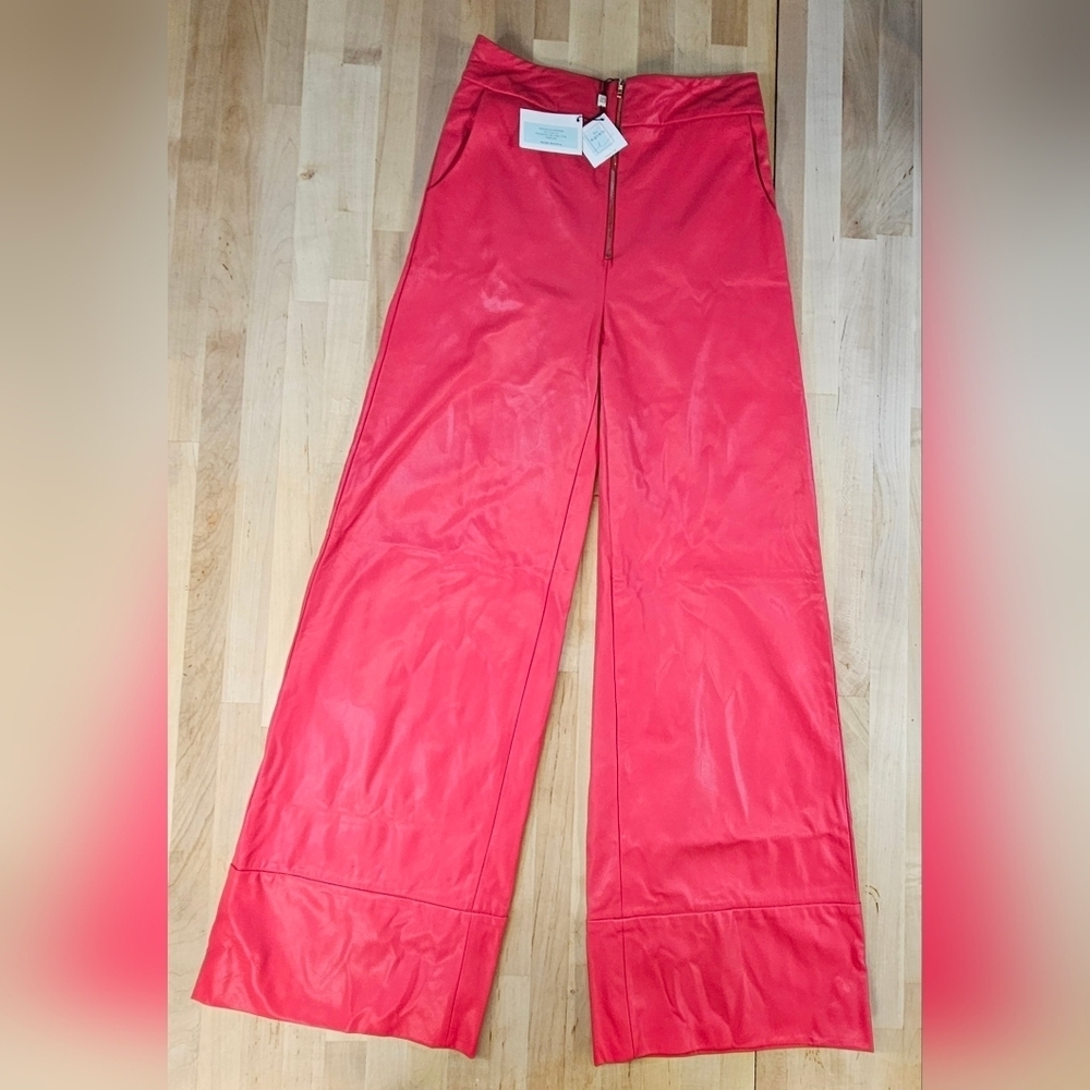 By Egreis Women's Red Medium Faux Leather Wide-Leg Pants Pockets